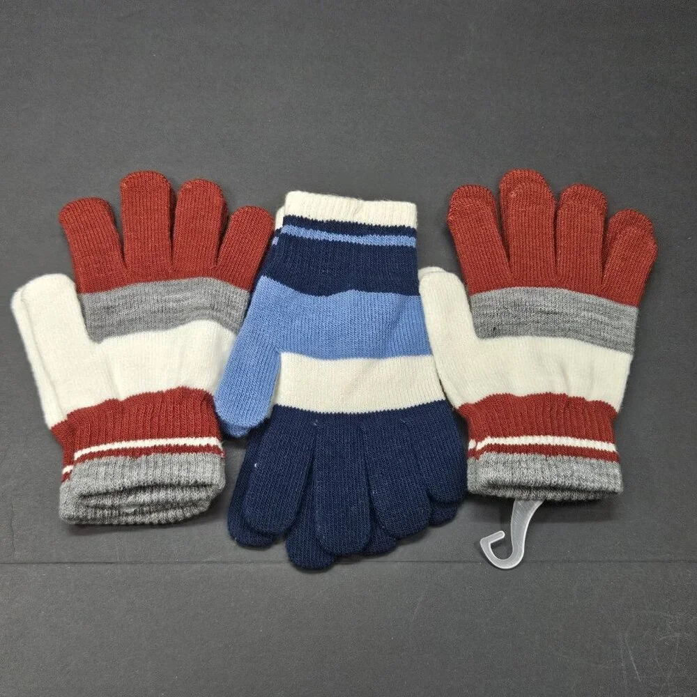 Youth Gloves Bundle Of 3 One Size Boys Red, Ivory, Grey, Striped, Blue Navy NWOT
